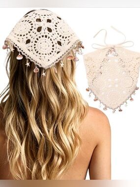 Boho Crochet Head Scarf with Seashell Charms